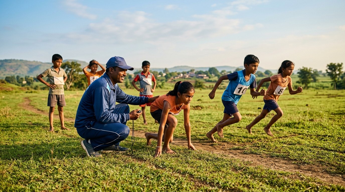 Coach mentoring young athletes in rural India