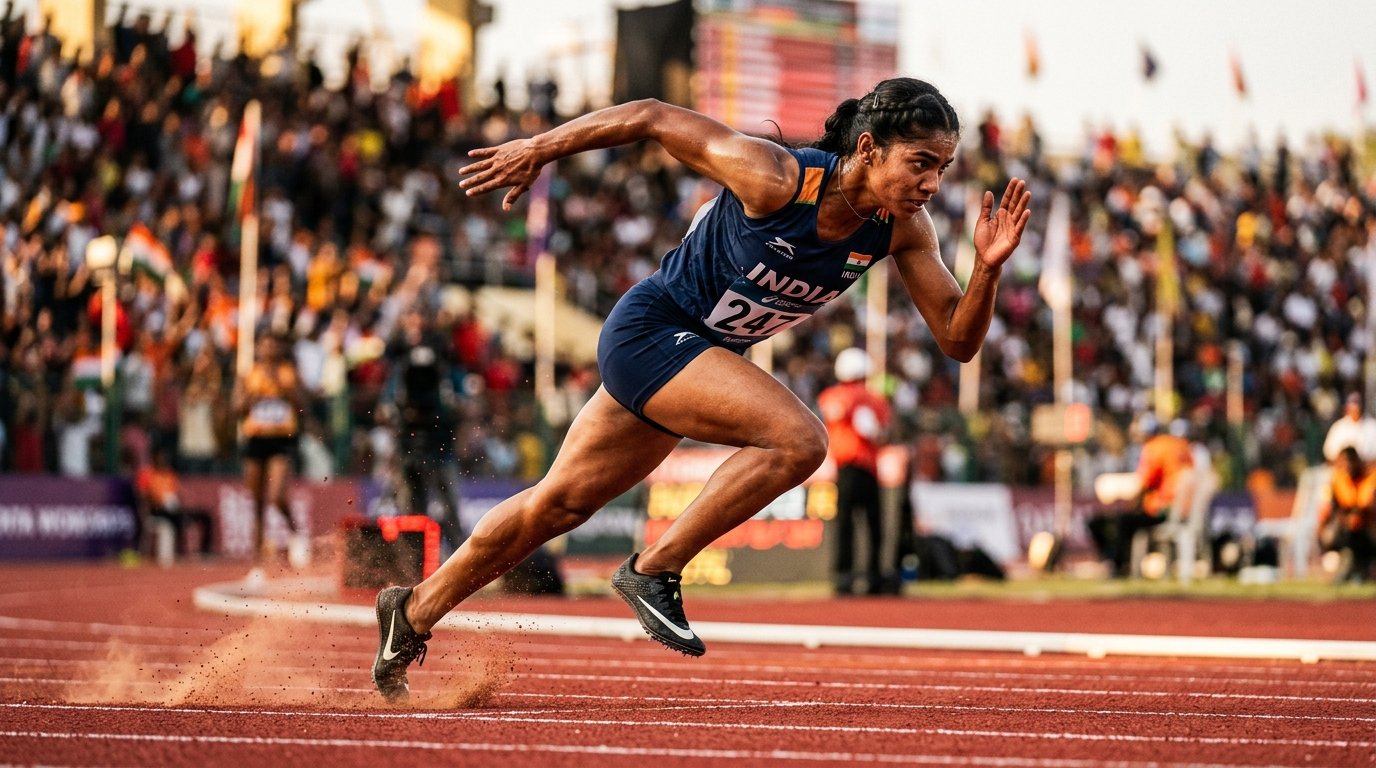 Indian athlete sprinting on track