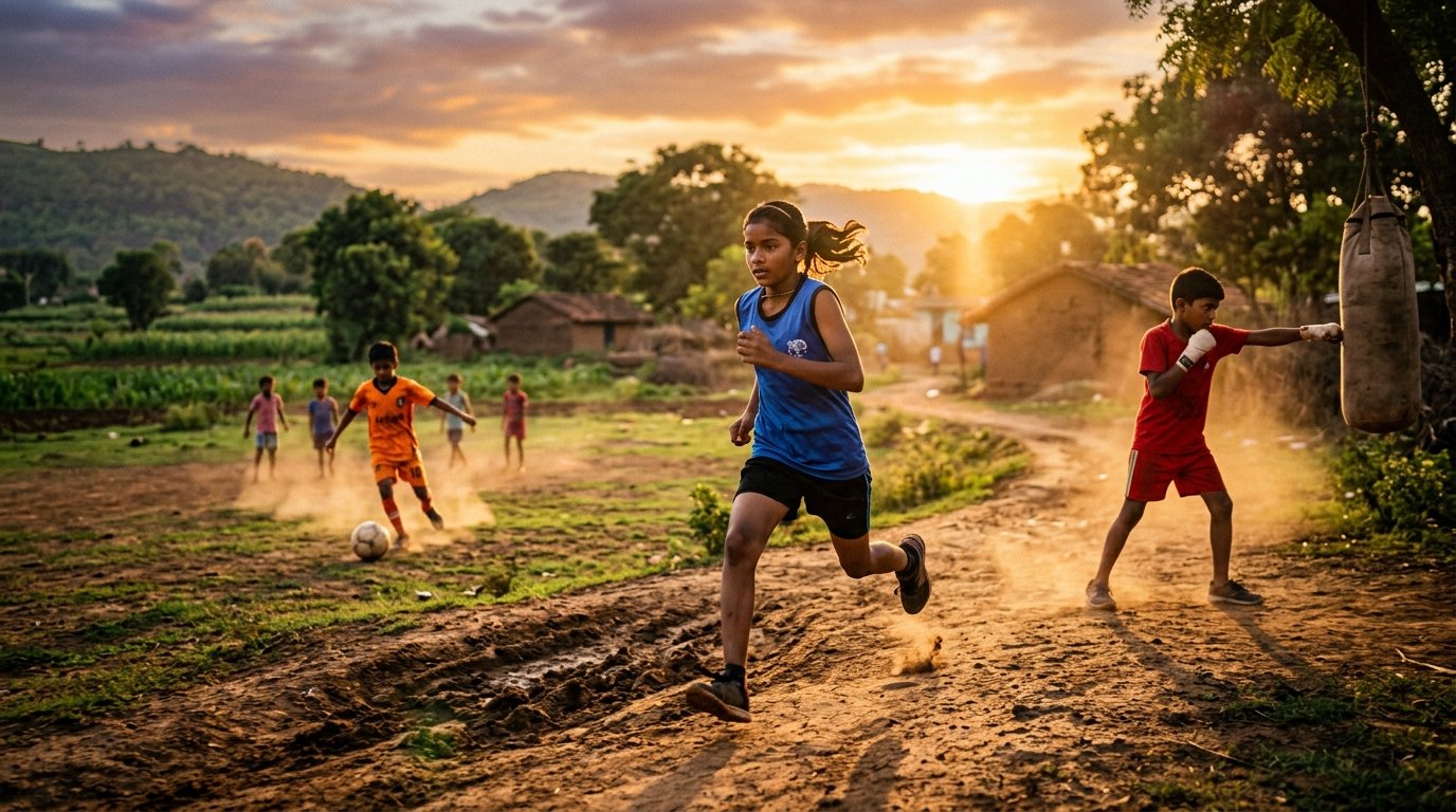 Young Indian athletes training in rural India at golden hour